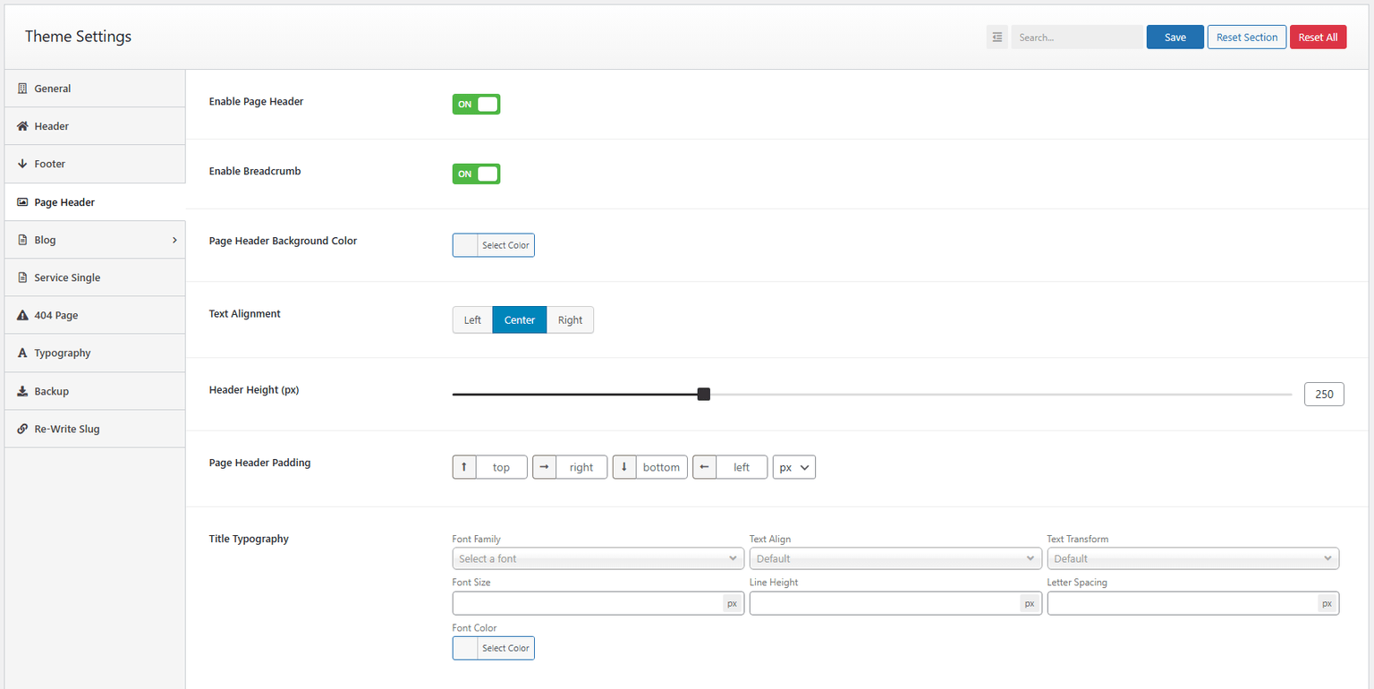 Page Header Settings