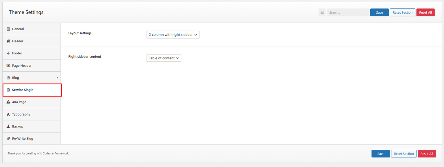 Service Single Settings